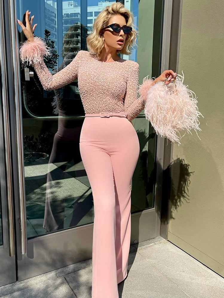 Harper – Women's Sequin Feather Jumpsuit